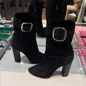 Black Suede Saint Laurent “Joplin” Ankle Boots with Silver Buckle Logo Detail